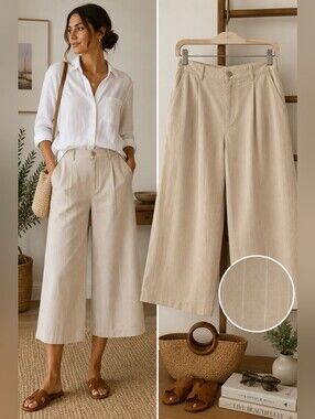 100% Cotton Cropped Wide Leg Culotte Pants Beige High Rise Size S